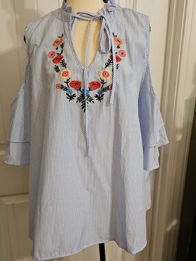 Embroidered Cold-Shoulder Stripe Blouse - Light Blue